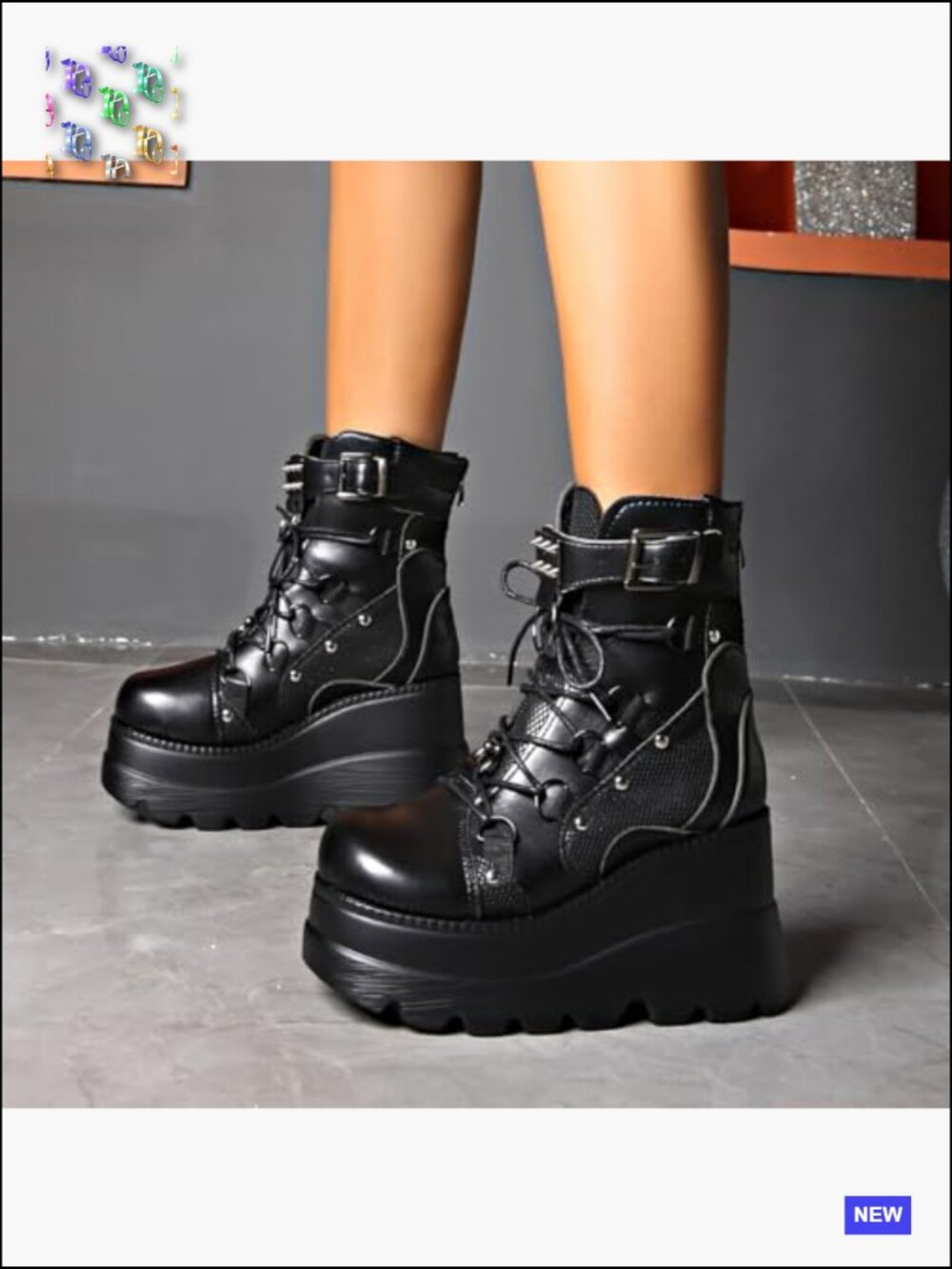 Gothic Platform Combat Boots with Bat Wings Strap Detail Chunky Sole Lace up - Picture 7 of 7